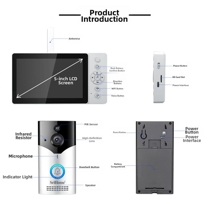 Srihome DH051+DH002 Wireless Video Doorbell 4MP Camera HD Two-Way Audio Night Vision 5-Inch Display for Home Security - 4