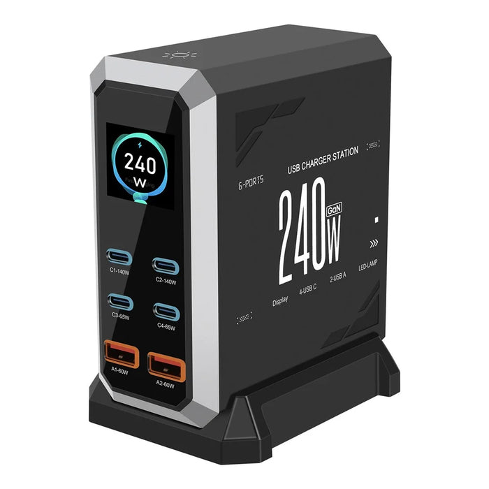 HHW 240W GaN USB-C 6-Port Charger Station PD Power Adapter with Color Display for Phone / Laptop / Earphones - Black / EU Plug - 1