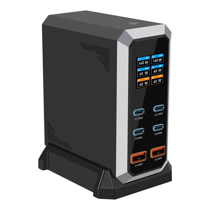 HHW 240W GaN USB-C 6-Port Charger Station PD Power Adapter with Color Display for Phone / Laptop / Earphones - Black / EU Plug - 2