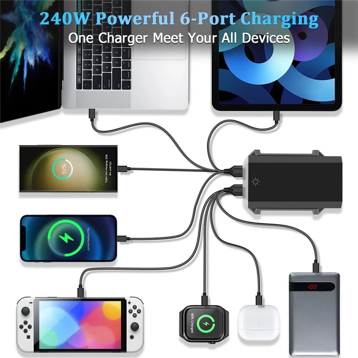 HHW 240W GaN USB-C 6-Port Charger Station PD Power Adapter with Color Display for Phone / Laptop / Earphones - Black / EU Plug - 3