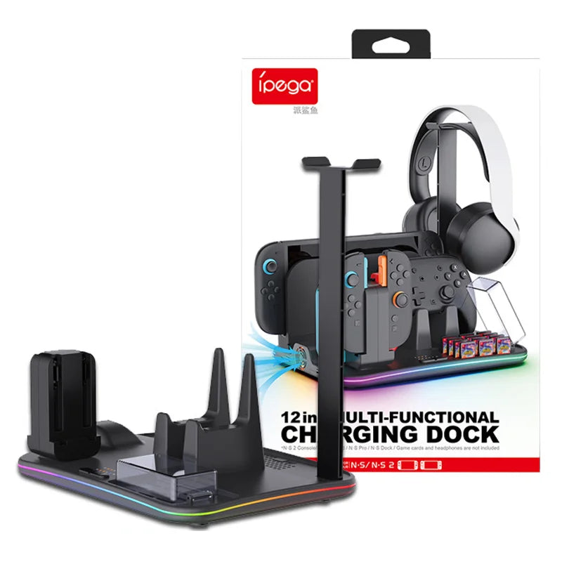 IPEGA PG-SW2065 For Nintendo Switch / Switch 2 RGB Lighting Game Controller Charging Dock with Cooling Fan Headphone Stand - Black - 1