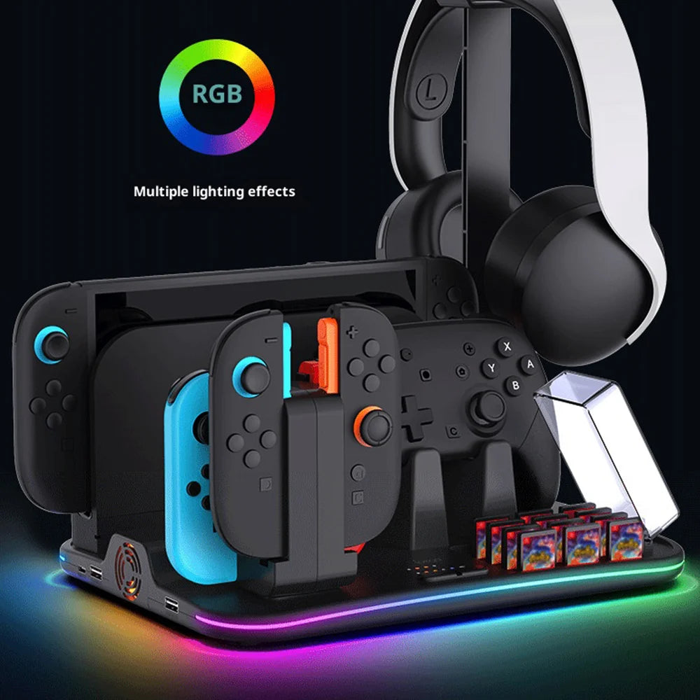 IPEGA PG-SW2065 For Nintendo Switch / Switch 2 RGB Lighting Game Controller Charging Dock with Cooling Fan Headphone Stand - Black - 5
