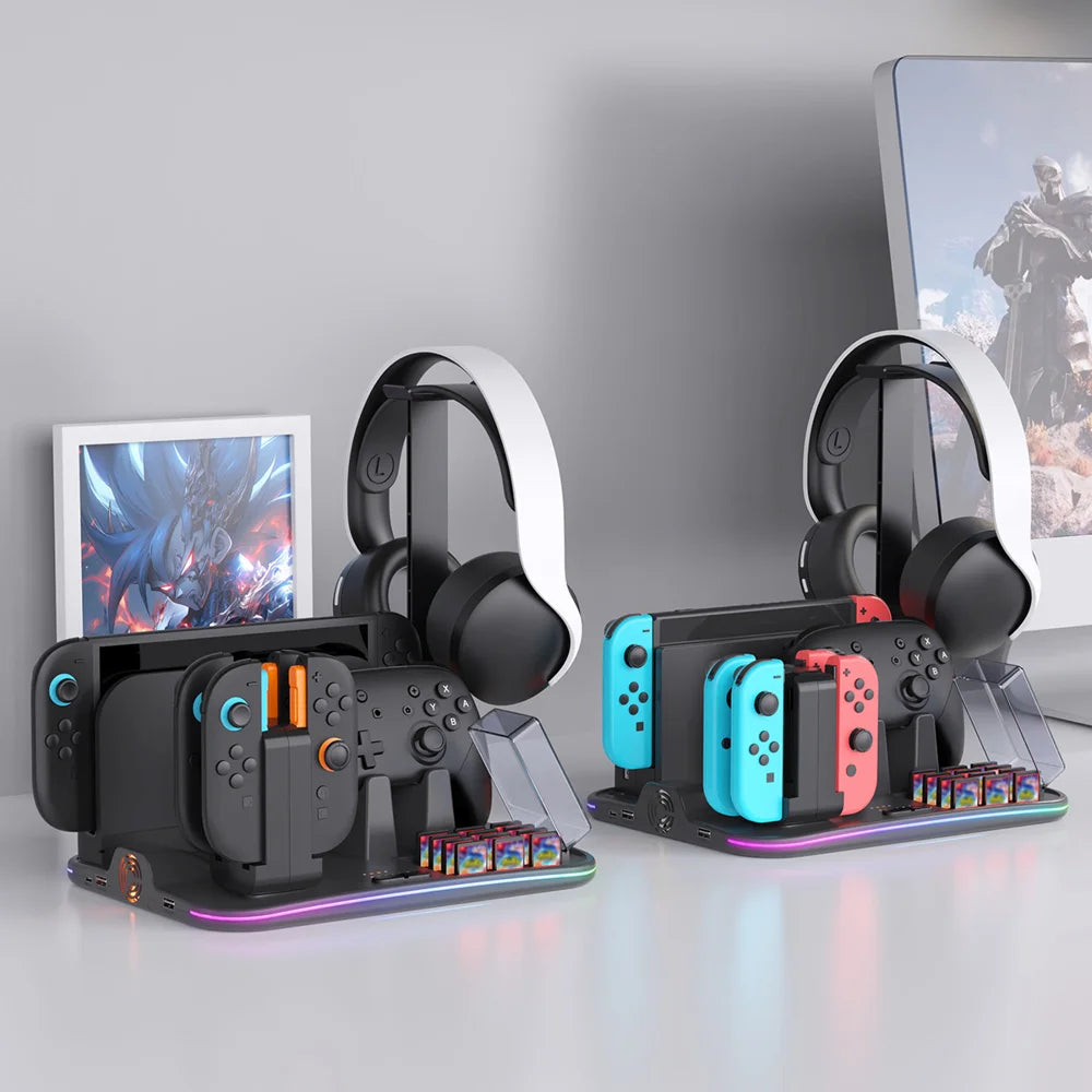 IPEGA PG-SW2065 For Nintendo Switch / Switch 2 RGB Lighting Game Controller Charging Dock with Cooling Fan Headphone Stand - Black - 7