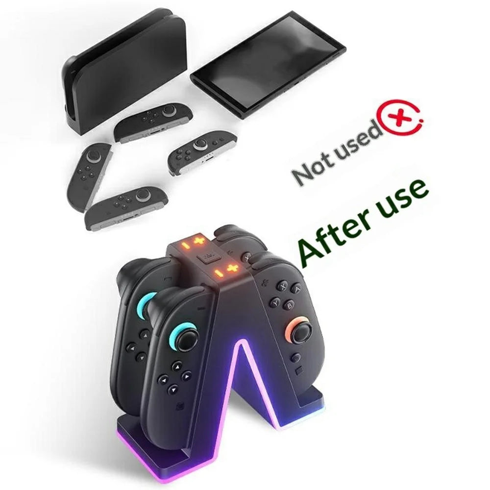 HBS-2849 4 in 1 Charging Station for Nintendo Switch 2 Joy-Pad Charging Dock with RGB Lighting  /  Magnetic Attachment  /  Indicator Lights - 4