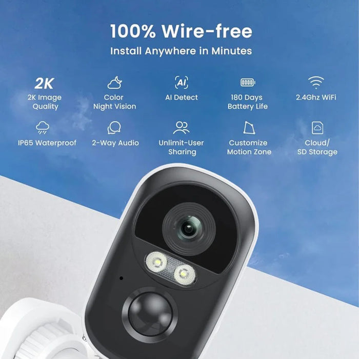 T98 WiFi Tuya APP Control Camera Solar Powered Night Vision AI Digital NVR Cloud 2K 3MP Security Camera, 3.7V 5200mAh - White  /  EU Plug - 3