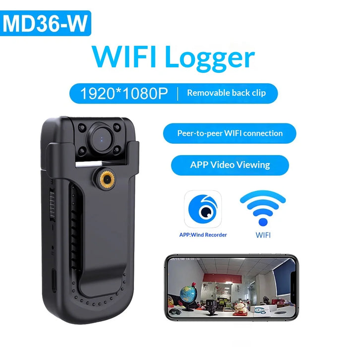 MD36 WiFi Security Camera HD 1080P Night Vision Wide Angle Cycling Recorder with Back Clip - Black - 2