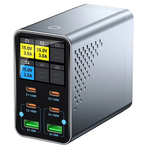 WLX-G3 140W GaN 6-Port Desktop Charger with Digital Display 4 USB-C + 2 USB-A Fast Charging Station for Laptop / Phone / Tablet - US Plug - 1