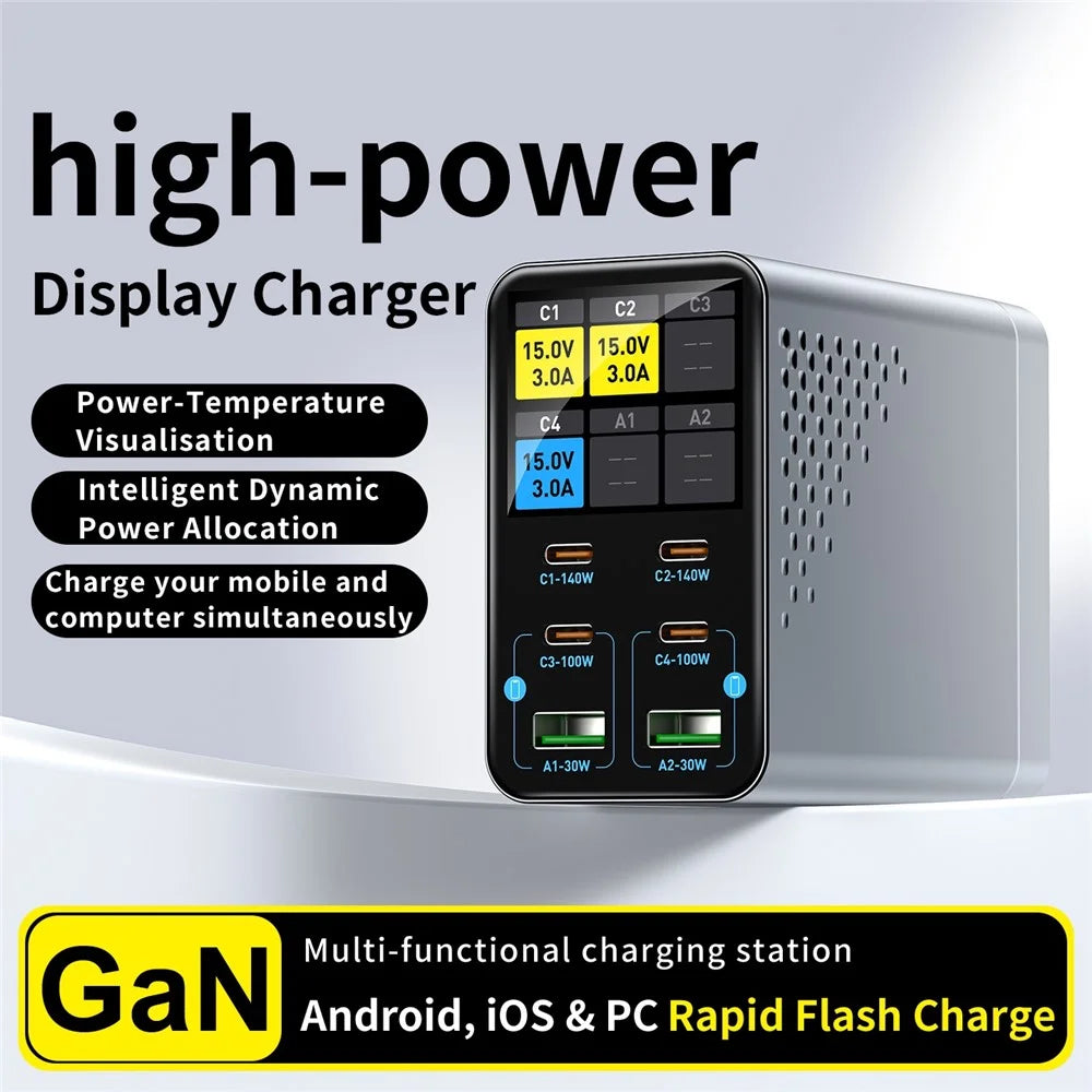 WLX-G3 140W GaN 6-Port Desktop Charger with Digital Display 4 USB-C + 2 USB-A Fast Charging Station for Laptop / Phone / Tablet - US Plug - 3