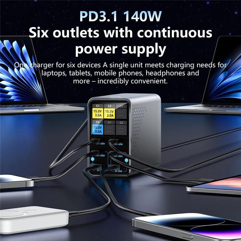 WLX-G3 140W GaN 6-Port Desktop Charger with Digital Display 4 USB-C + 2 USB-A Fast Charging Station for Laptop / Phone / Tablet - US Plug - 4