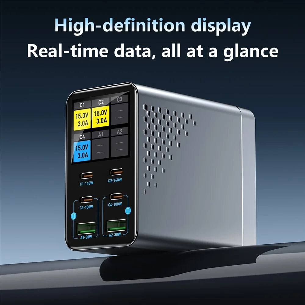 WLX-G3 140W GaN 6-Port Desktop Charger with Digital Display 4 USB-C + 2 USB-A Fast Charging Station for Laptop / Phone / Tablet - US Plug - 7