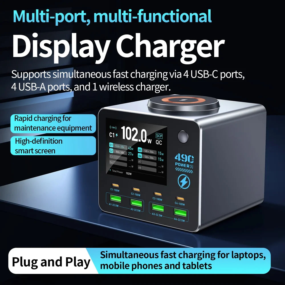 WLX-F1+ Smart Display Wireless Charging Station 100W Fast Charging Multi-Port GaN Desktop Charger - US Plug - 5