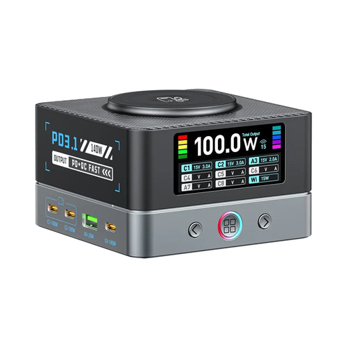 WLX-R8A 9 in 1 Smart Display 140W Fast Charger for Phone/Tablet/Laptop Desktop Charging Station with Wireless Charger - US Plug - 1