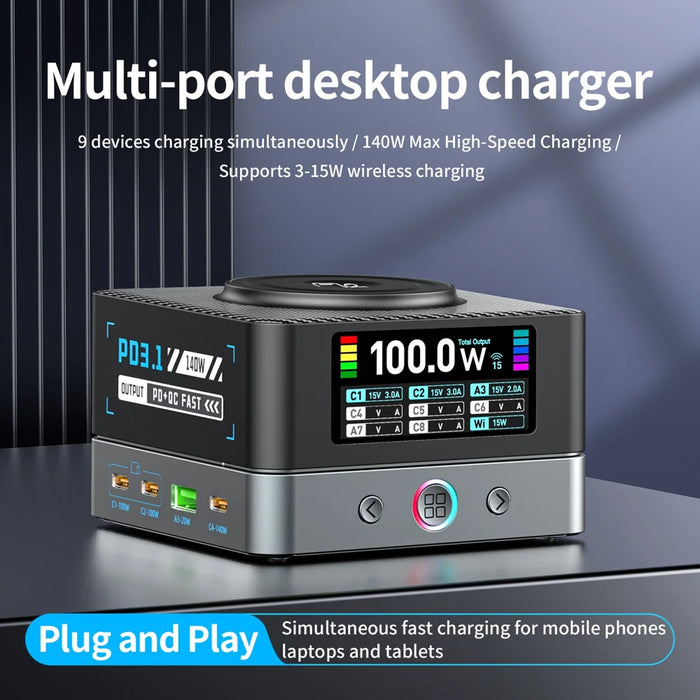WLX-R8A 9 in 1 Smart Display 140W Fast Charger for Phone/Tablet/Laptop Desktop Charging Station with Wireless Charger - US Plug - 6