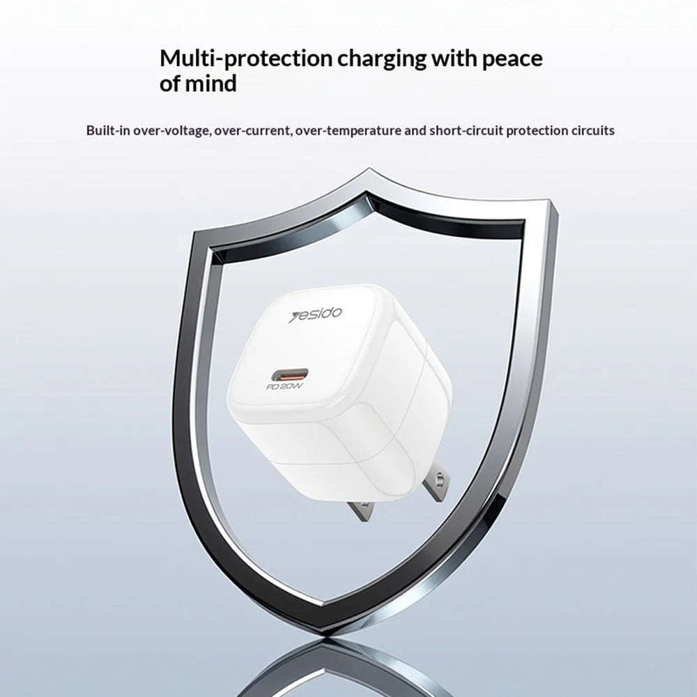 YESIDO YC15U PD 20W Fast Charging USB-C Single Port Charger Mini Cube GaN Power Adapter - White/US Plug - 4