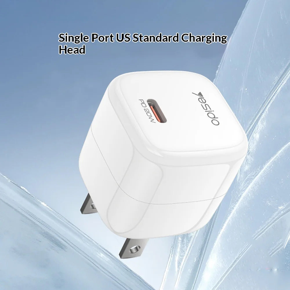 YESIDO YC15U PD 20W Fast Charging USB-C Single Port Charger Mini Cube GaN Power Adapter - White/US Plug - 5