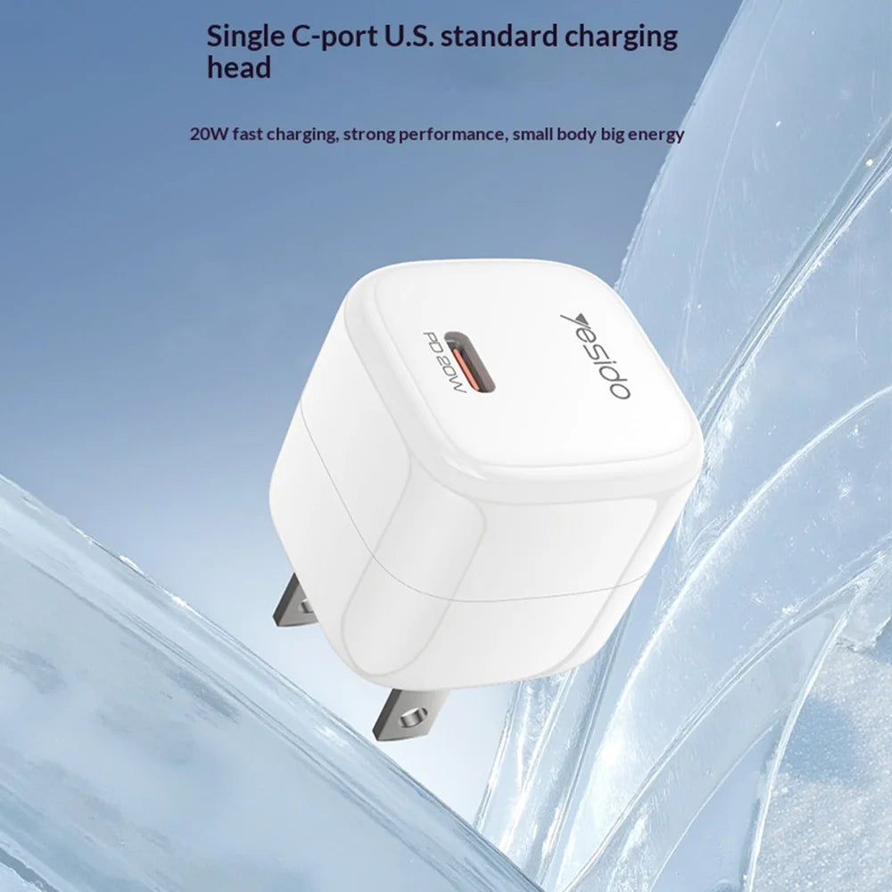 YESIDO YC15U PD 20W Fast Charging USB-C Single Port Charger Mini Cube GaN Power Adapter - White/US Plug - 7