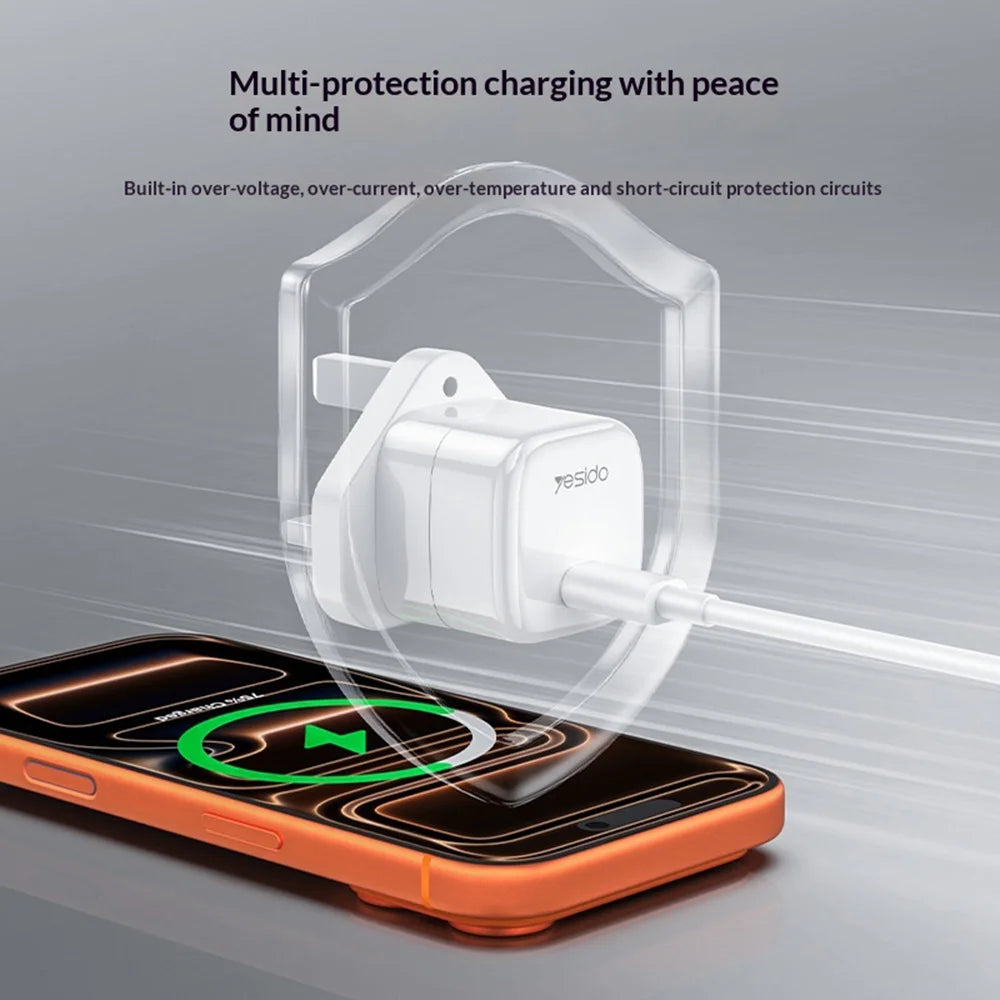 YESIDO YC148 UK Plug PD 20W Fast Charging Mini Cube Adapter USB-C Travel GaN Wall Charger - White - 3