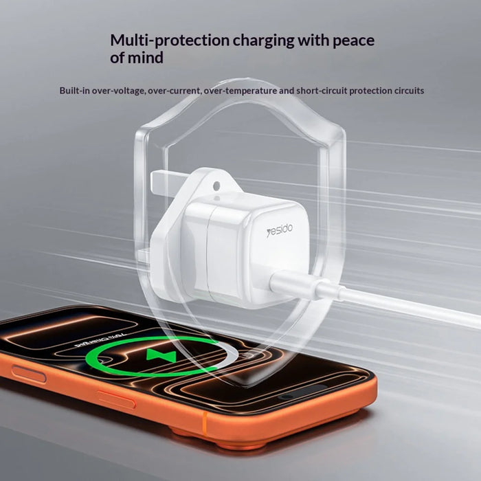 YESIDO YC148 UK Plug PD 20W Fast Charging Mini Cube Adapter USB-C Travel GaN Wall Charger - White - 3