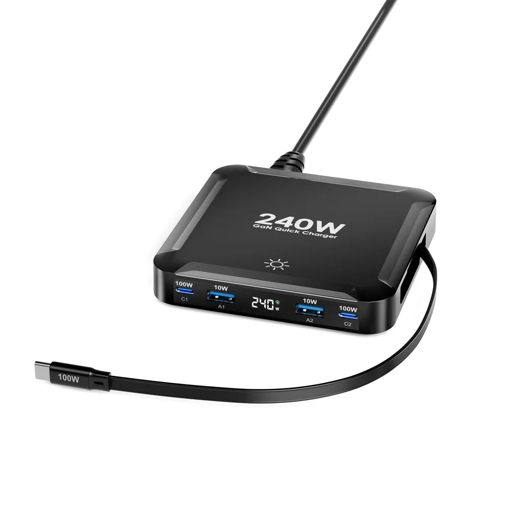 BK-124D 2 USB-C + 2 USB-A Multi Port Charger with Retractable Type-C Cable 100W Fast Charging Desktop Station - EU Plug - 1