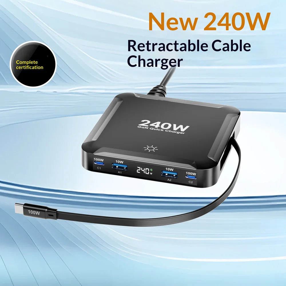 BK-124D 2 USB-C + 2 USB-A Multi Port Charger with Retractable Type-C Cable 100W Fast Charging Desktop Station - EU Plug - 2