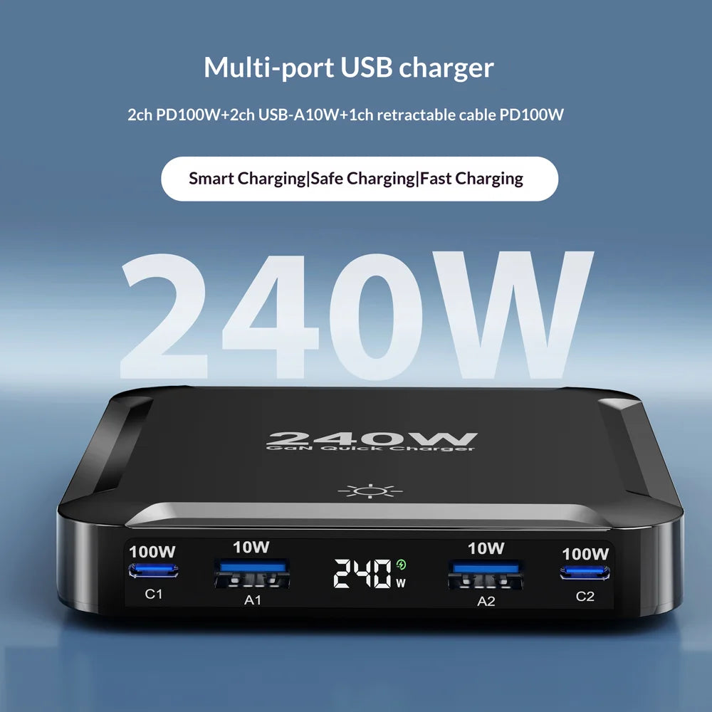 BK-124D 2 USB-C + 2 USB-A Multi Port Charger with Retractable Type-C Cable 100W Fast Charging Desktop Station - EU Plug - 3