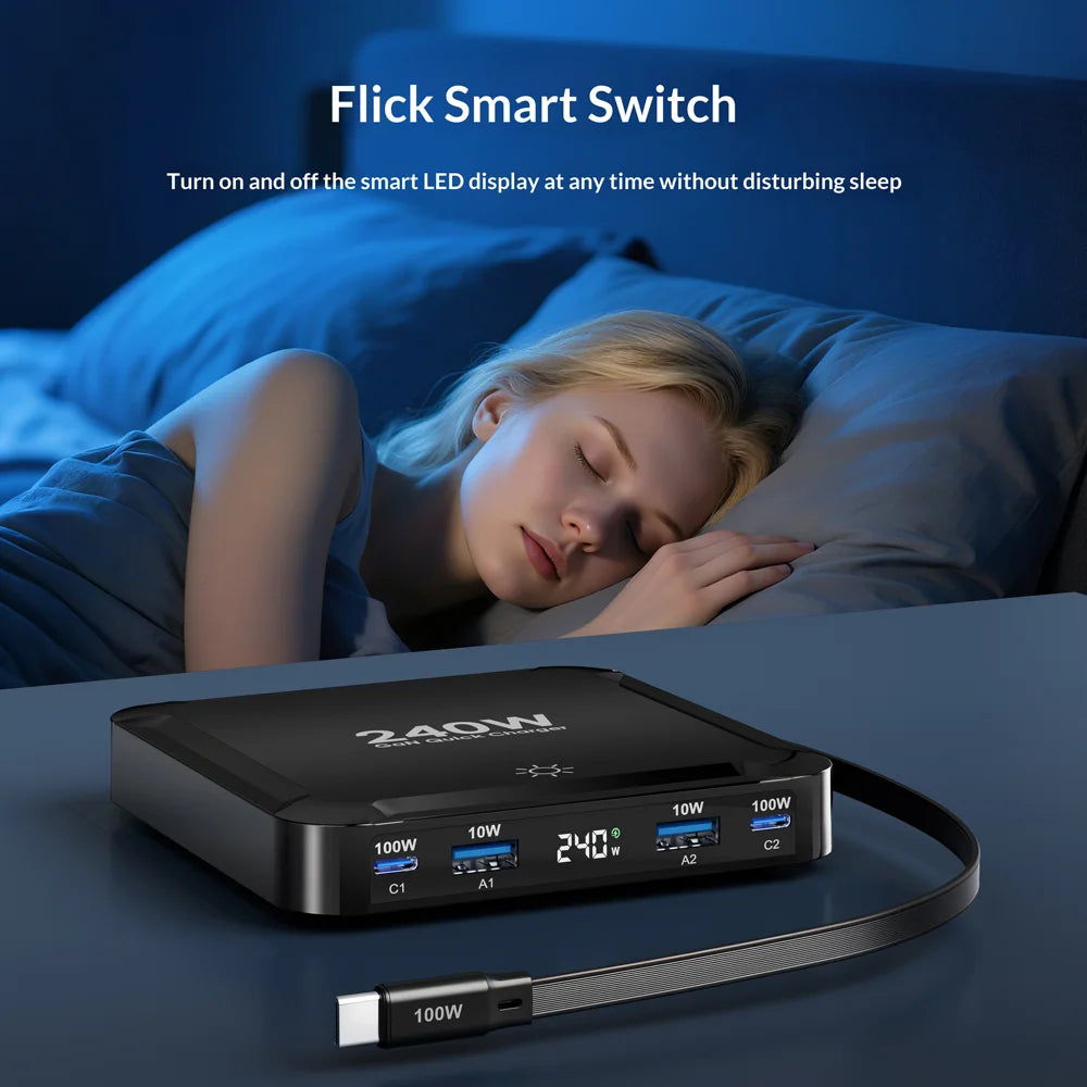 BK-124D 2 USB-C + 2 USB-A Multi Port Charger with Retractable Type-C Cable 100W Fast Charging Desktop Station - EU Plug - 5