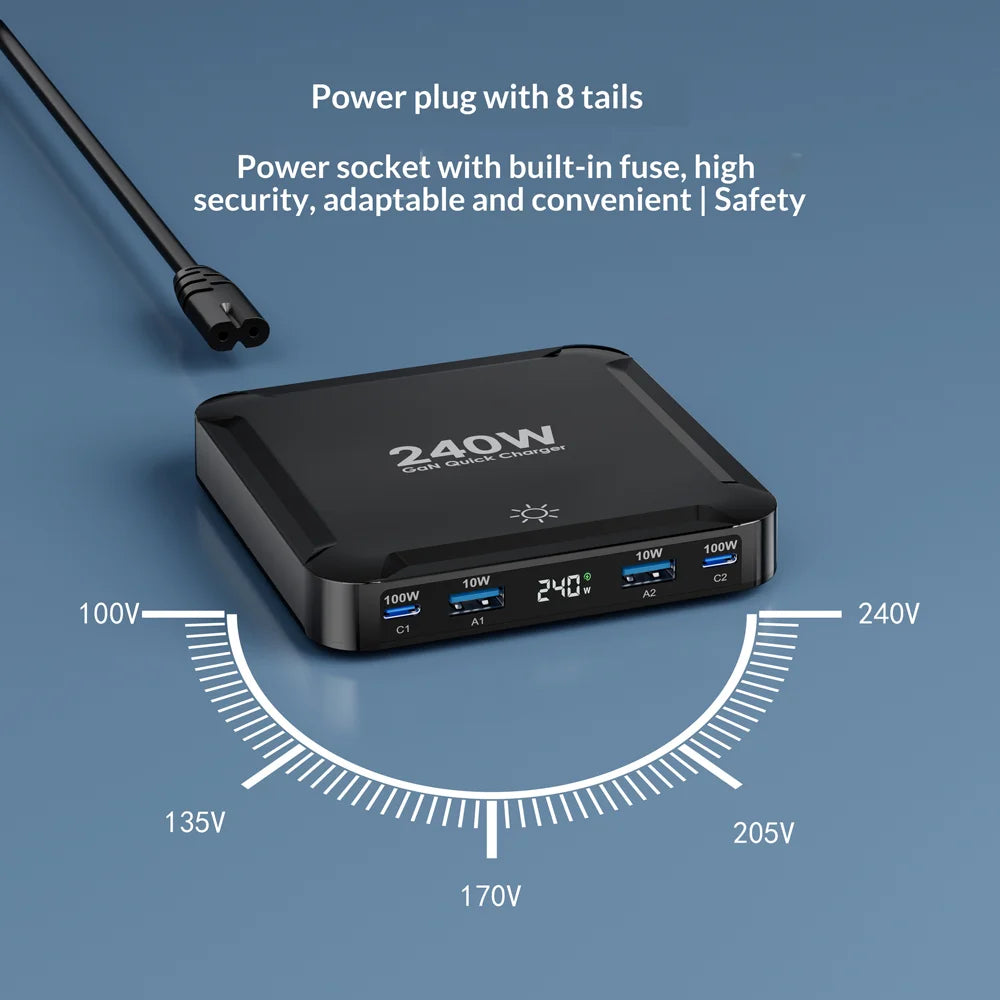 BK-124D 2 USB-C + 2 USB-A Multi Port Charger with Retractable Type-C Cable 100W Fast Charging Desktop Station - EU Plug - 6