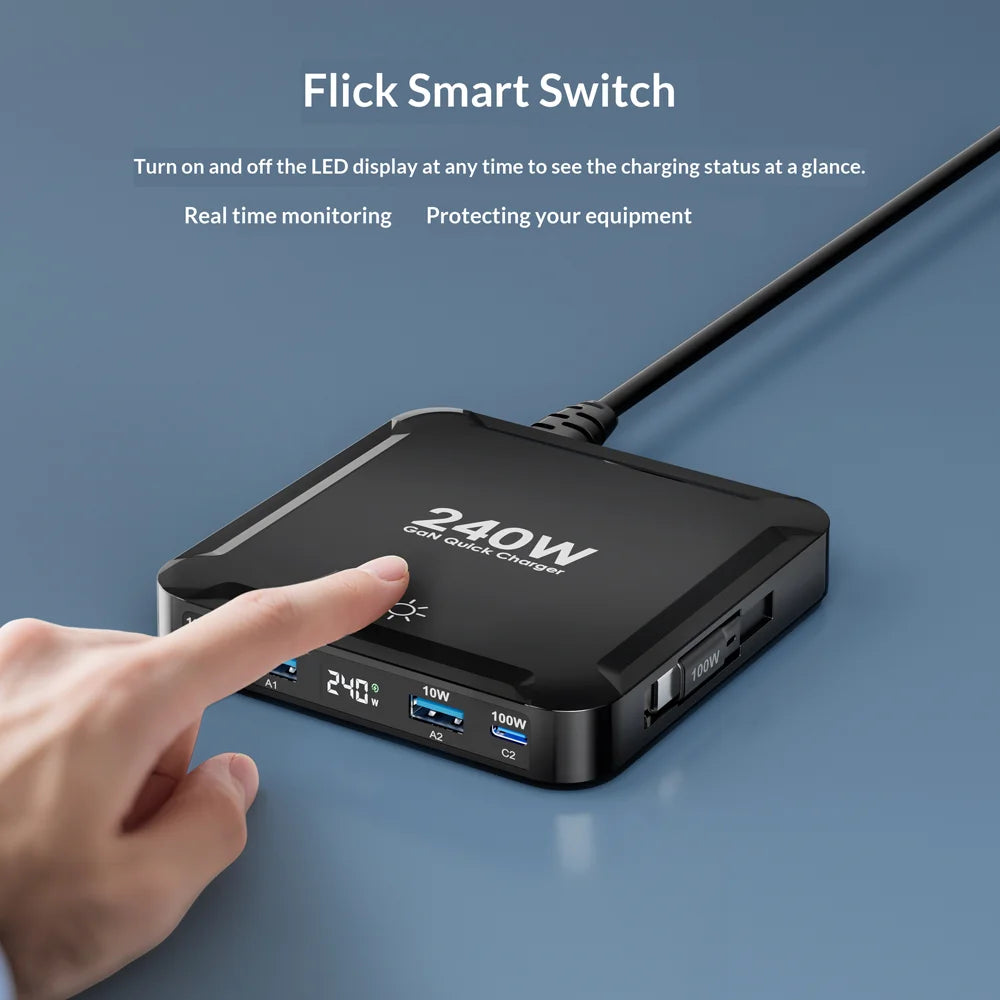 BK-124D 2 USB-C + 2 USB-A Multi Port Charger with Retractable Type-C Cable 100W Fast Charging Desktop Station - EU Plug - 7