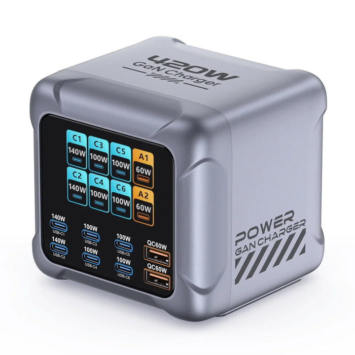 BK-126D 6 USB-C + 2 USB-A 8-Port GaN Desktop Charger 140W Fast Charging Station with Colorful LCD Screen - EU Plug - 1