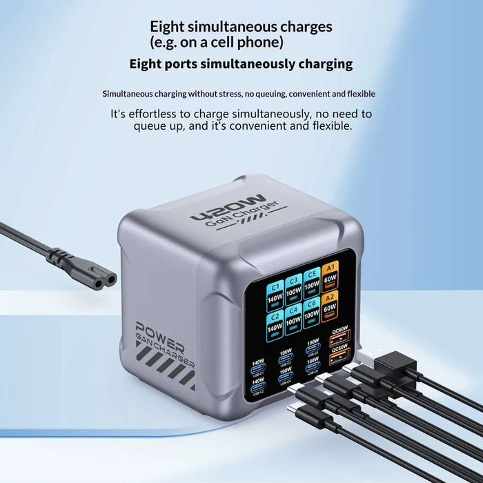 BK-126D 6 USB-C + 2 USB-A 8-Port GaN Desktop Charger 140W Fast Charging Station with Colorful LCD Screen - EU Plug - 7