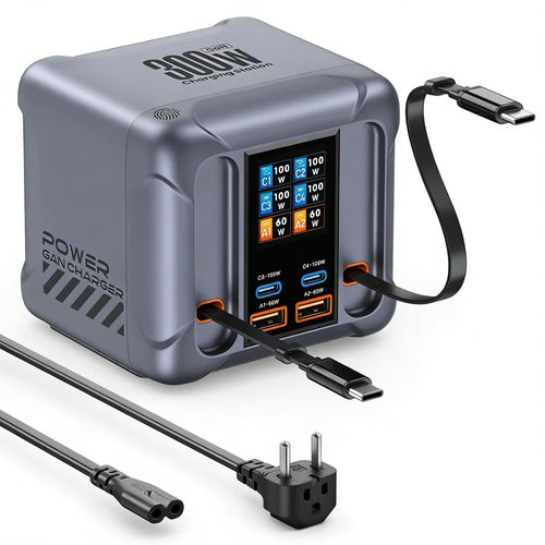 HW866 100W Fast Charging Desktop Station LCD Display GaN Multi-Port Charger with 2 Retractable Type-C Cables - EU Plug - 1