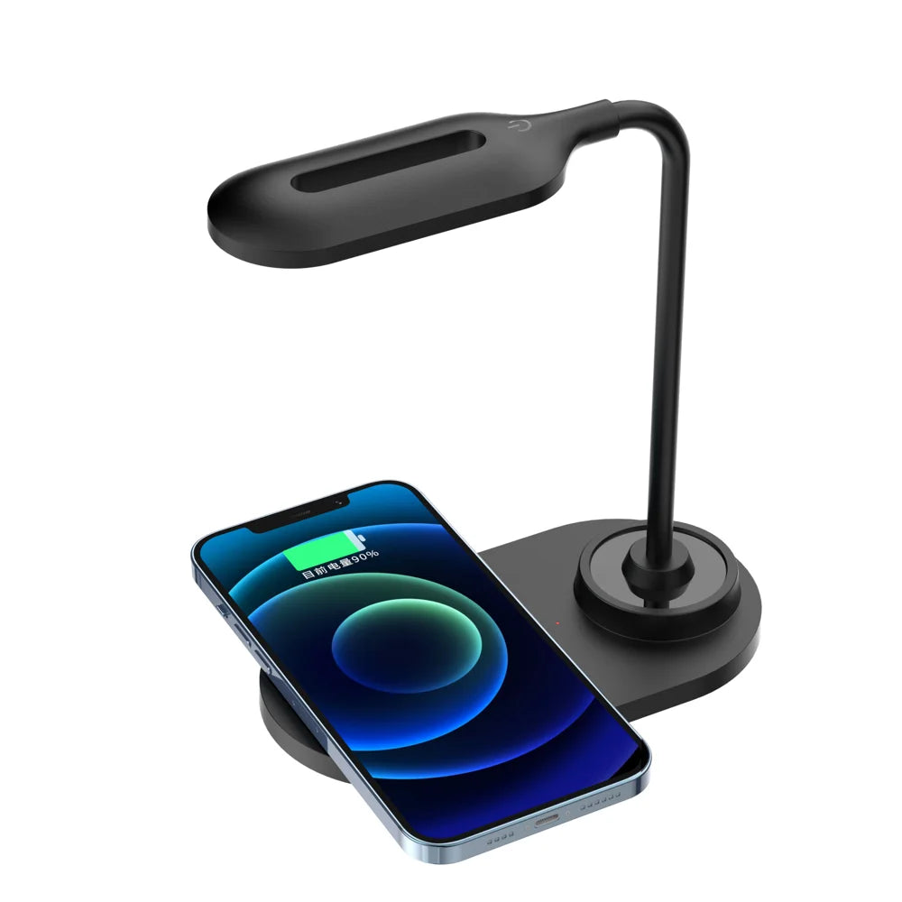 Desk Lamp with 15W Fast Charging Wireless Charger Eye-Care LED Night Light for Office Study - Black - 2