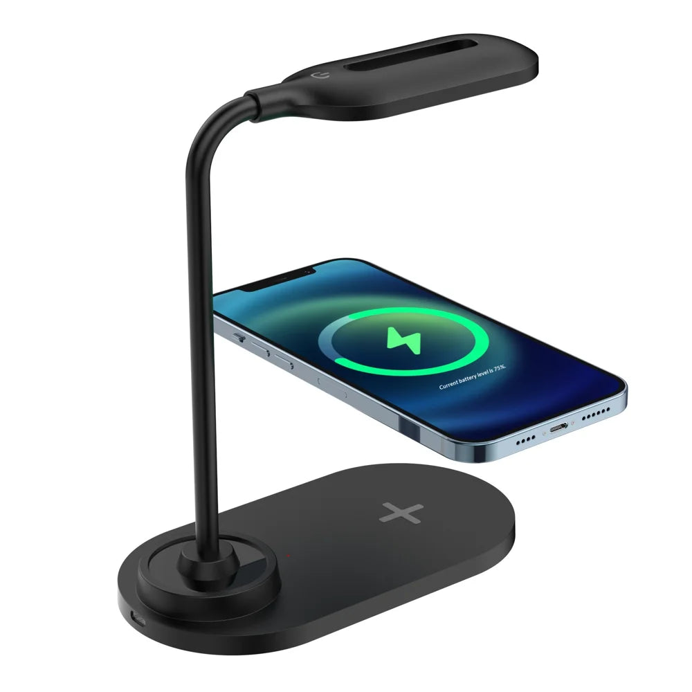 Desk Lamp with 15W Fast Charging Wireless Charger Eye-Care LED Night Light for Office Study - Black - 3
