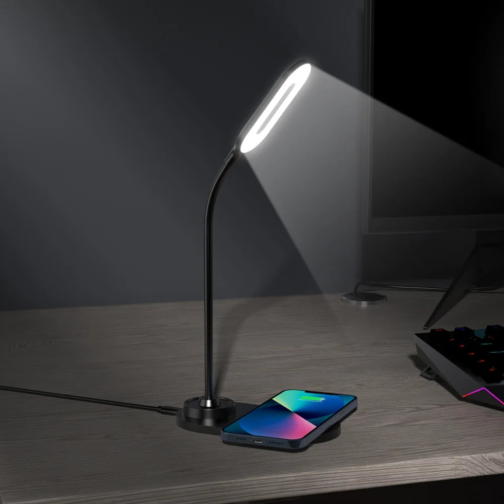 Desk Lamp with 15W Fast Charging Wireless Charger Eye-Care LED Night Light for Office Study - Black - 4