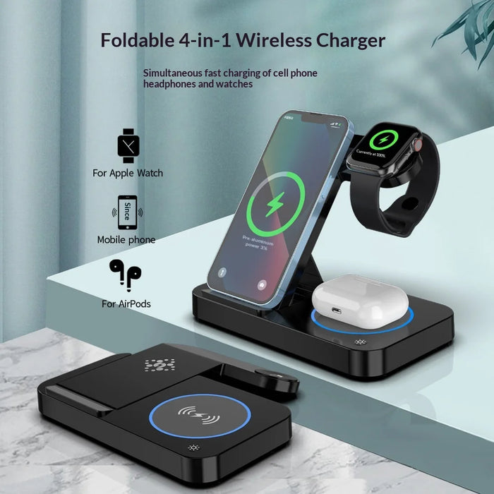 Foldable Wireless Charger Stand for Phone/Watch/Earbuds 15W Fast Charging Station - Black - 3