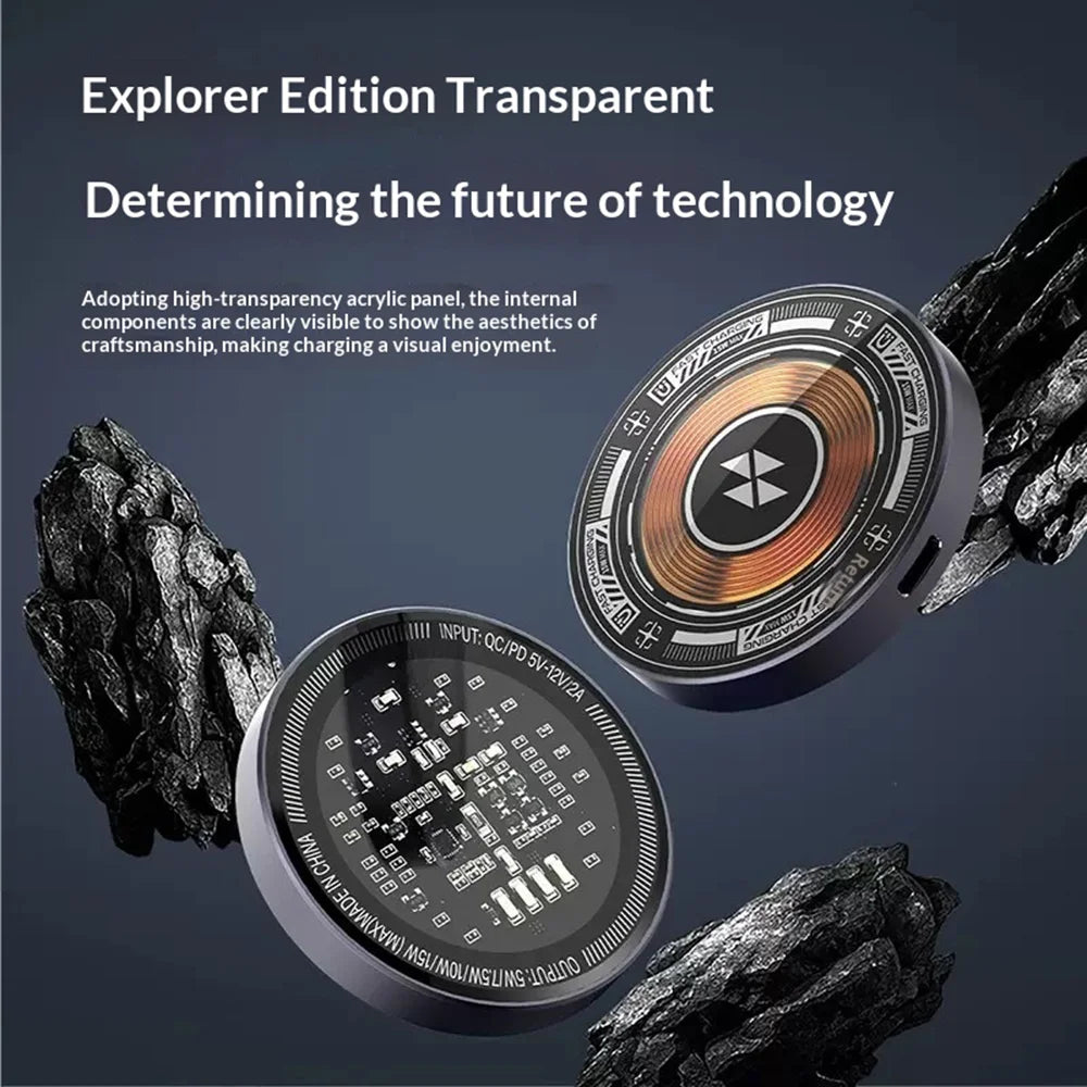 Double-sided Transparent 15W Fast Charging Pad Aluminum Alloy + Tempered Glass Magnetic Wireless Charger - Dark Gray - 2