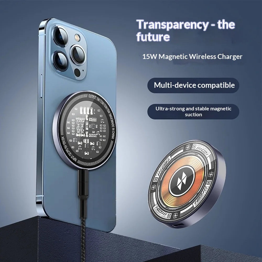 Double-sided Transparent 15W Fast Charging Pad Aluminum Alloy + Tempered Glass Magnetic Wireless Charger - Dark Gray - 3