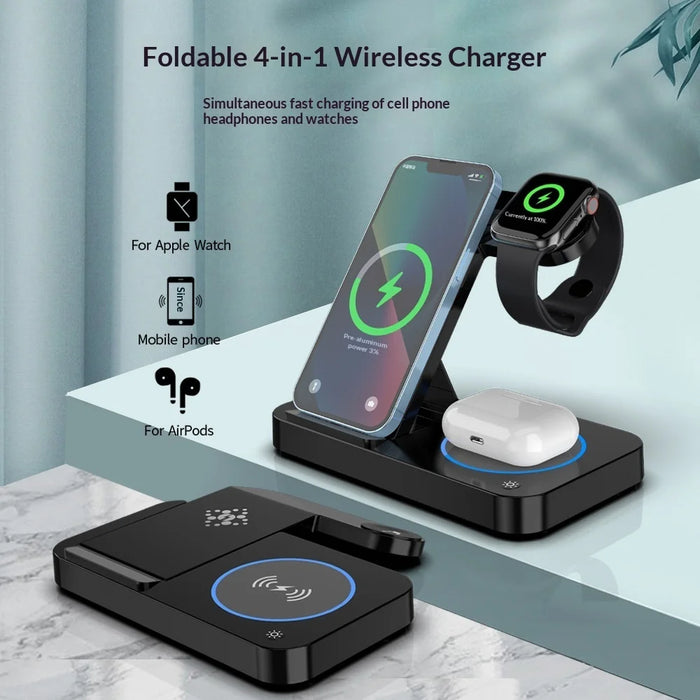 Foldable Wireless Charger Station with Ambient Light 15W Fast Charging Dock for iPhone / Apple Watch / AirPods - Black - 3