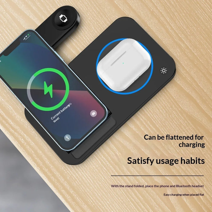 Foldable Wireless Charger Station with Ambient Light 15W Fast Charging Dock for iPhone / Apple Watch / AirPods - Black - 4