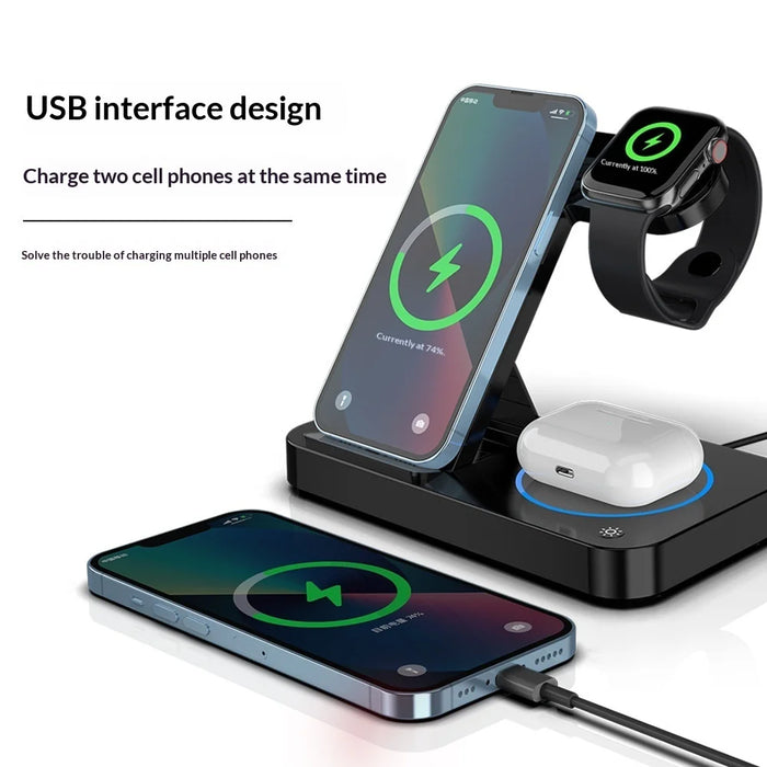 Foldable Wireless Charger Station with Ambient Light 15W Fast Charging Dock for iPhone / Apple Watch / AirPods - Black - 6