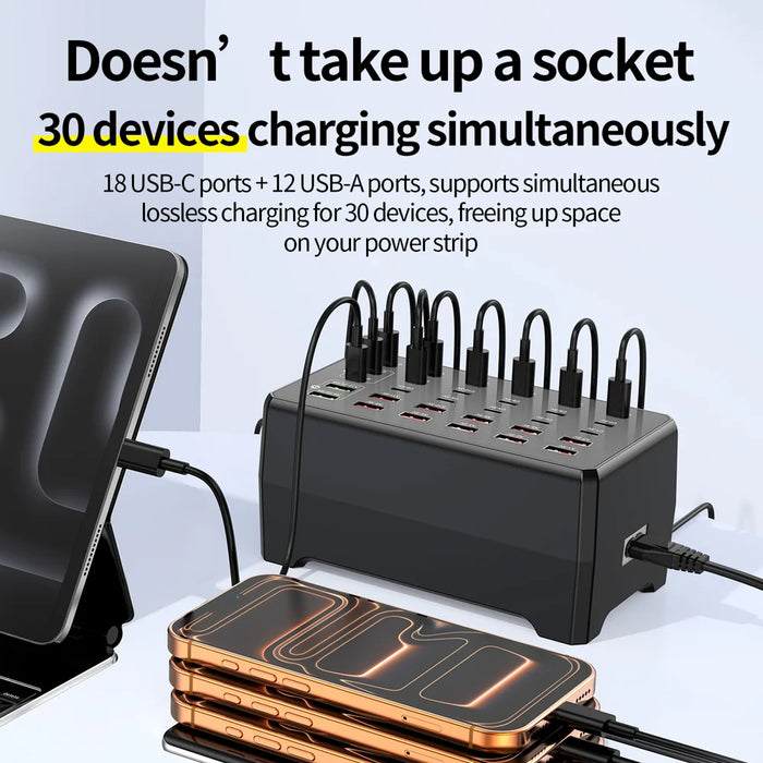 WLX-268F USB-A + Type-C 30-Port Charging Station 30W Fast Charging Desktop Charger Hub for Phone Tablet - US Plug - 3