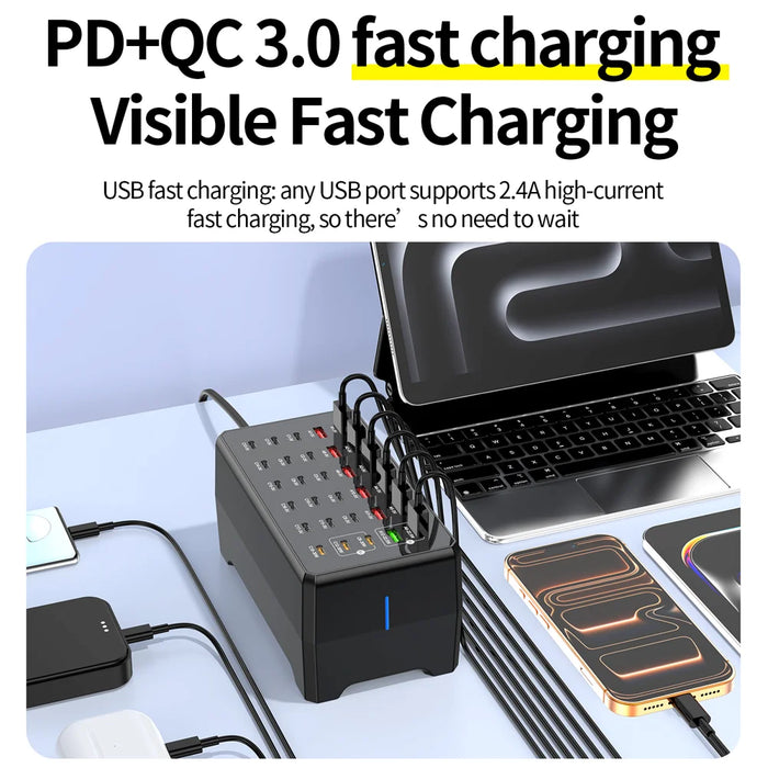 WLX-268F USB-A + Type-C 30-Port Charging Station 30W Fast Charging Desktop Charger Hub for Phone Tablet - US Plug - 5