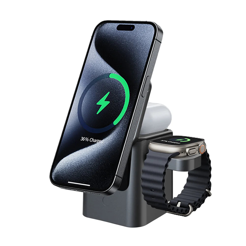 YT30 3 in 1 Qi2 Magnetic Wireless Charger for Phone/Earbuds/Watch 15W Fast Charging Foldable Desktop Stand - Black - 2