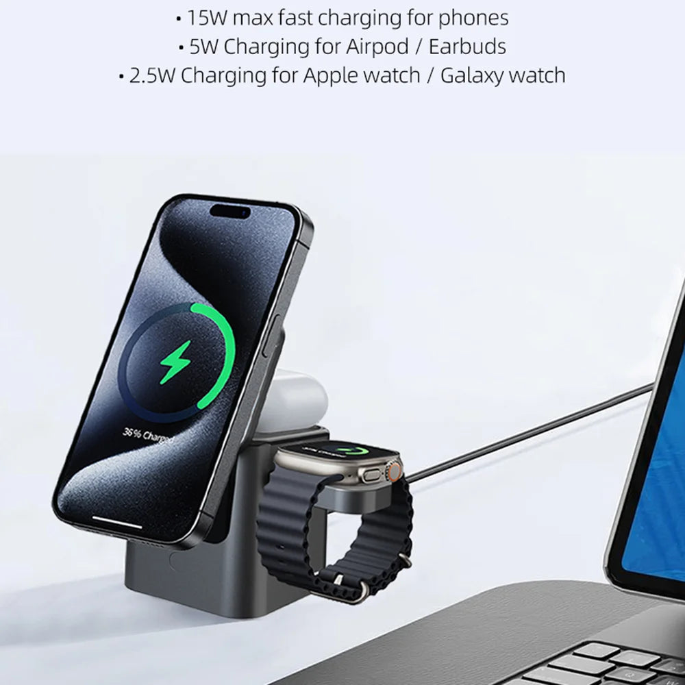 YT30 3 in 1 Qi2 Magnetic Wireless Charger for Phone/Earbuds/Watch 15W Fast Charging Foldable Desktop Stand - Black - 6