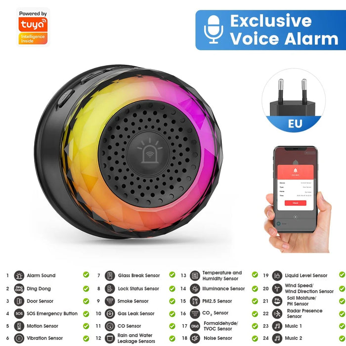 MG-BJQ001 Smart WiFi Siren Alarm 105dB Plug-In Security Alarm Sensor with 24 Voice Alerts and RGB Warning Light - Black  /  EU Plug - 4