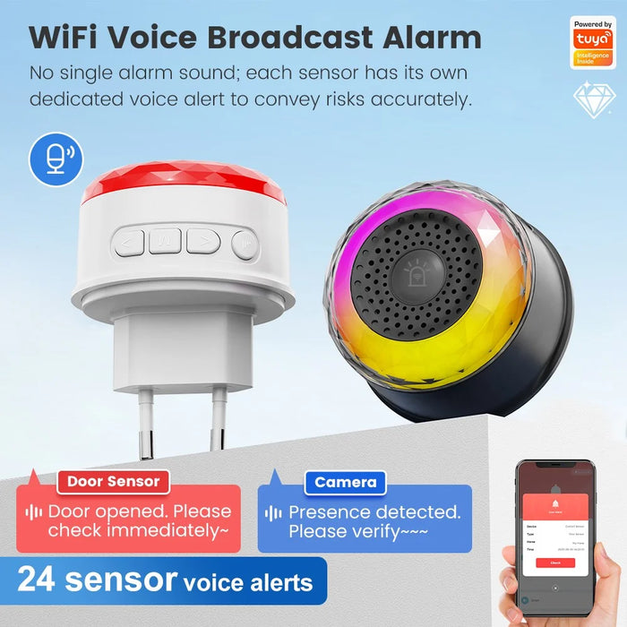 MG-BJQ001 Smart WiFi Siren Alarm 105dB Plug-In Security Alarm Sensor with 24 Voice Alerts and RGB Warning Light - Black  /  EU Plug - 5