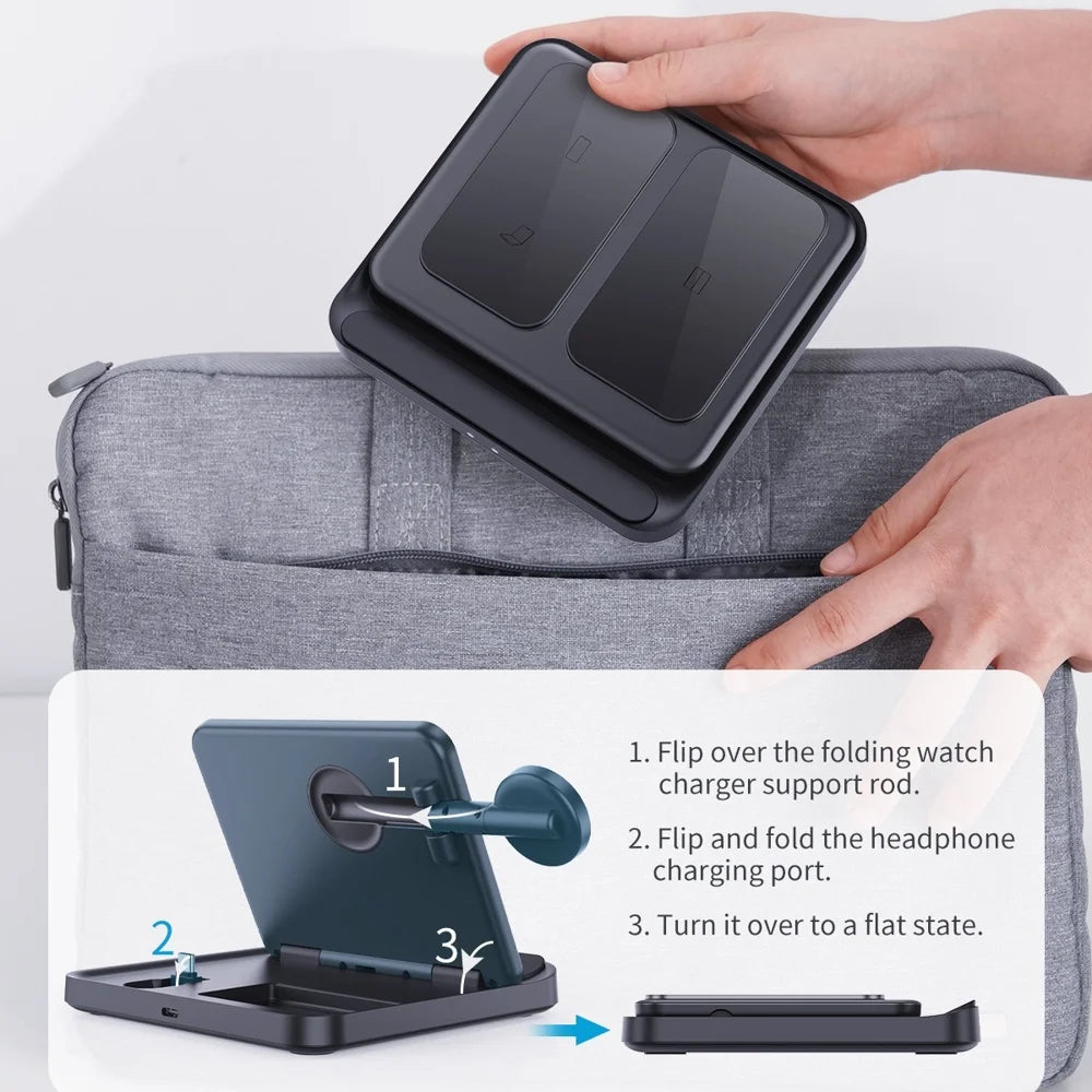 F16S 3 in 1 Wireless Charger for Samsung Galaxy Z Fold / Flip Series Phones / Samrt Watch / Earbuds Foldable Charging Station - Black - 3