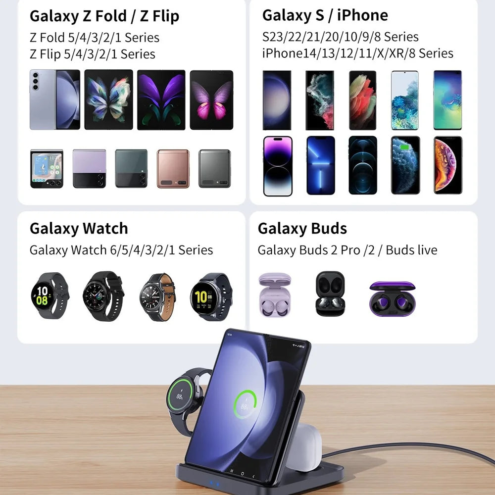 F16S 3 in 1 Wireless Charger for Samsung Galaxy Z Fold / Flip Series Phones / Samrt Watch / Earbuds Foldable Charging Station - Black - 5
