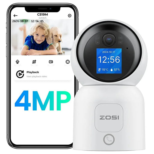 ZOSI C519M 4MP Smart WiFi Security Camera 360 Degree Pan 90 Degree Tilt 1.44 Inch Screen Two-way Video Call Person Detection Night Vision Safety Camera for Home Baby Pet Monitor - White - 1