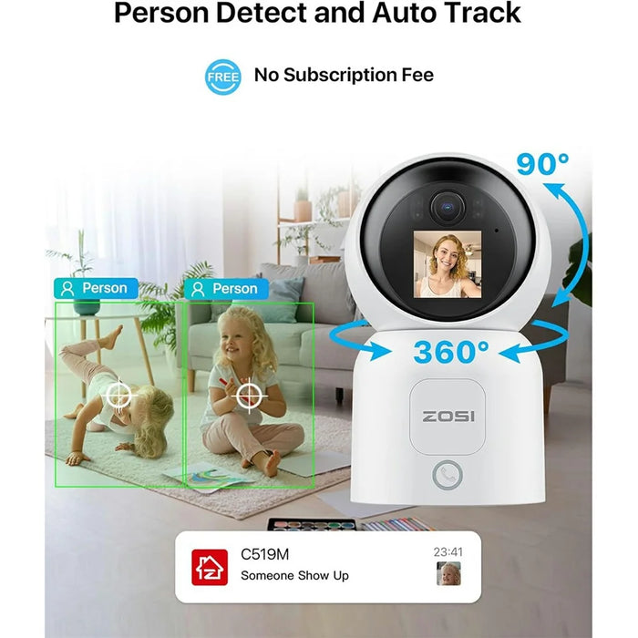 ZOSI C519M 4MP Smart WiFi Security Camera 360 Degree Pan 90 Degree Tilt 1.44 Inch Screen Two-way Video Call Person Detection Night Vision Safety Camera for Home Baby Pet Monitor - White - 4